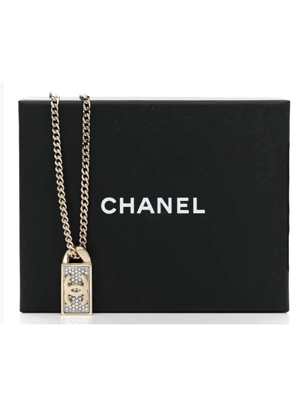 Chanel CC Crystal Dog Tag Charm Pendent Necklace in Gold Tone